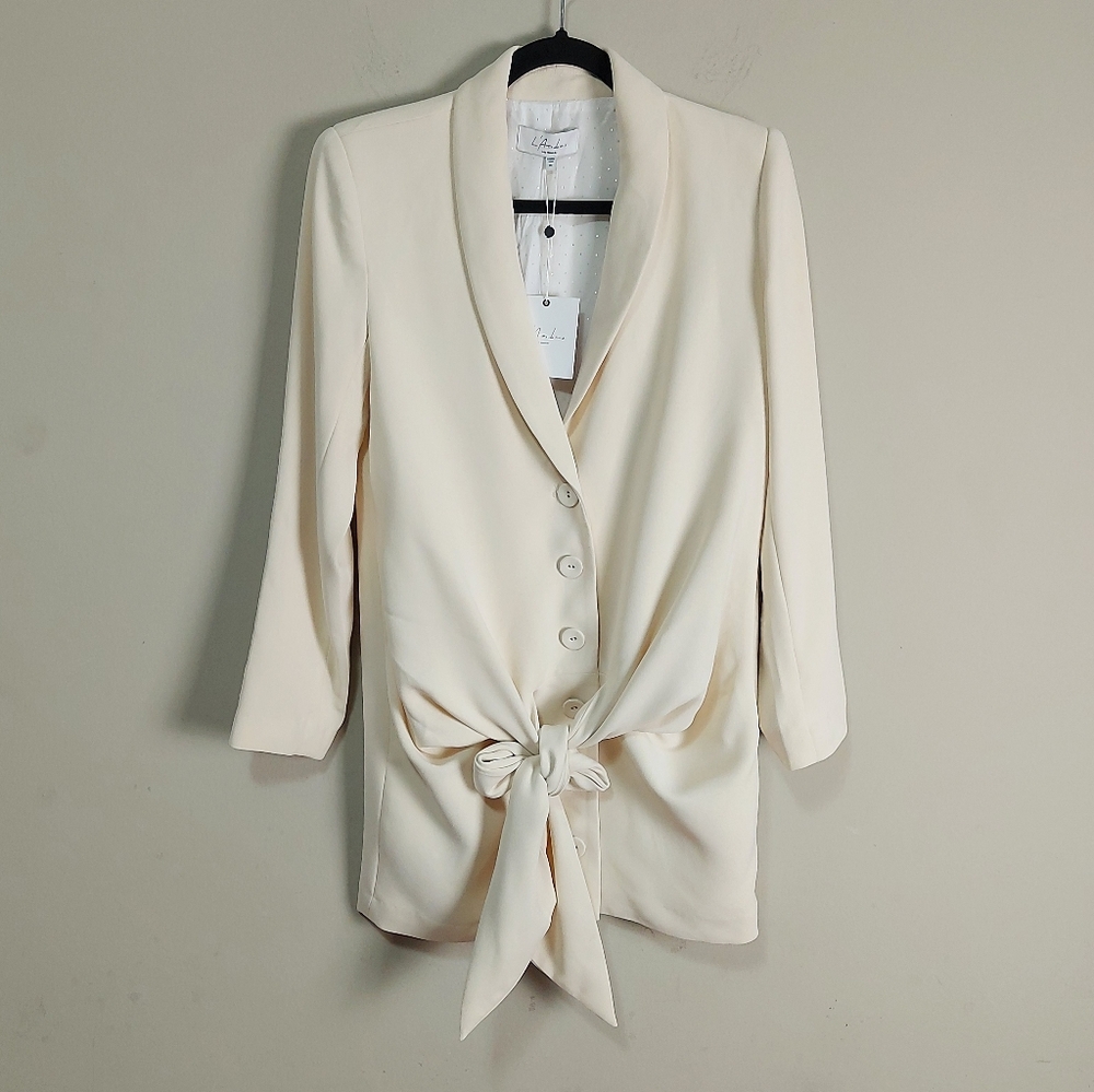 L'Academie The Rosemarie Mini Dress XS Ivory Front Buttons Padded Shoulders Tie